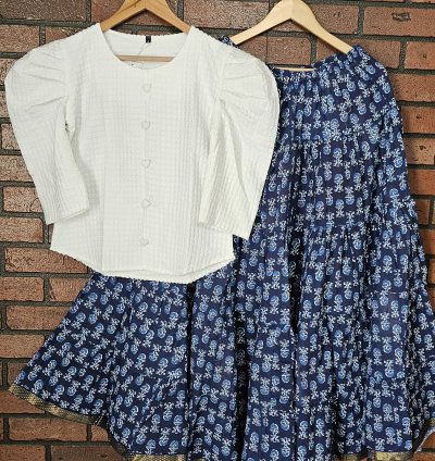 White Velvet top with Jaipur cotton skirt combo(0005)