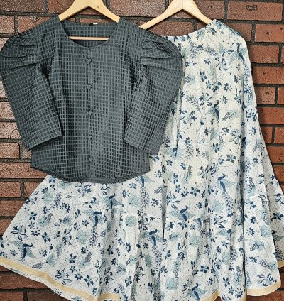 Green Velvet Top with Jaipur Cotton Skirt Combo (0006)