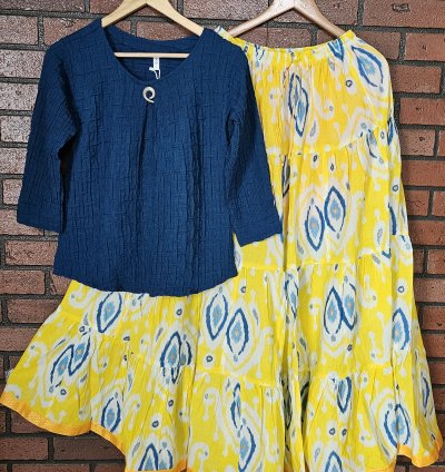 Blue popcorn top with Jaipur cotton skirt combo (0008)