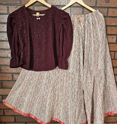 Glittery burgundy top with Jaipur cotton skirt combo (0011)
