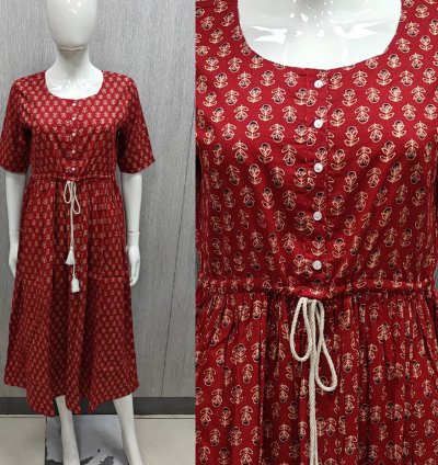 Hand block Printed Jaipur soft cotton western dress with Hip adjustment and Removable buttons (WD011)