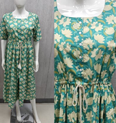 Hand block Printed Jaipur soft cotton western dress with Hip adjustment and Removable buttons (WD014)