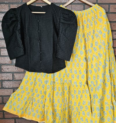 Black velvet top with Jaipur cotton skirt combo (0031)