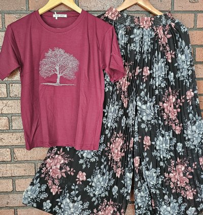 Imported popcorn T-shirt with georgette palazzo combo S and M Size (TP008)